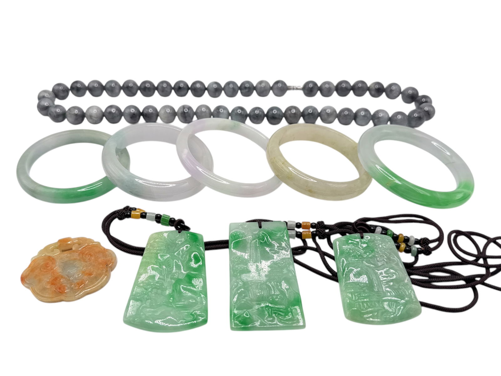 Grouping Jade/ Green Stone, Bangles, Pendants: H : 12 in ( 30.48 cm )