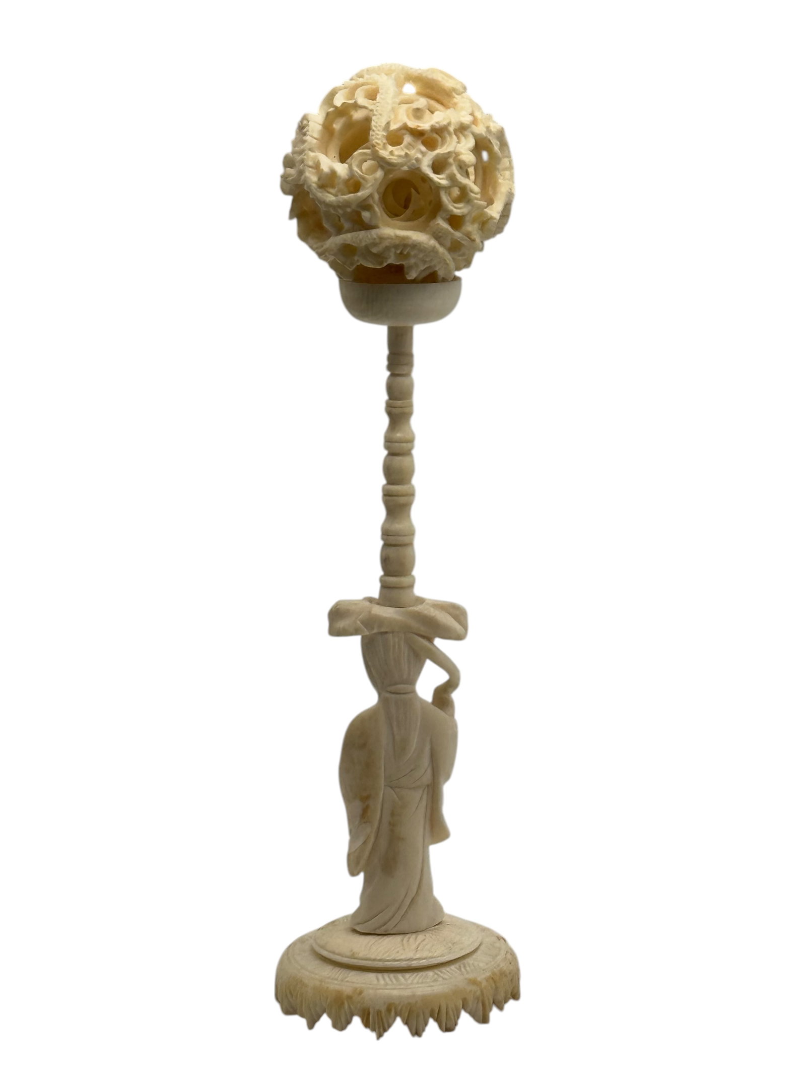 Carved Bone Puzzle Ball with Stand: H: 7 inches (17.78 cm)