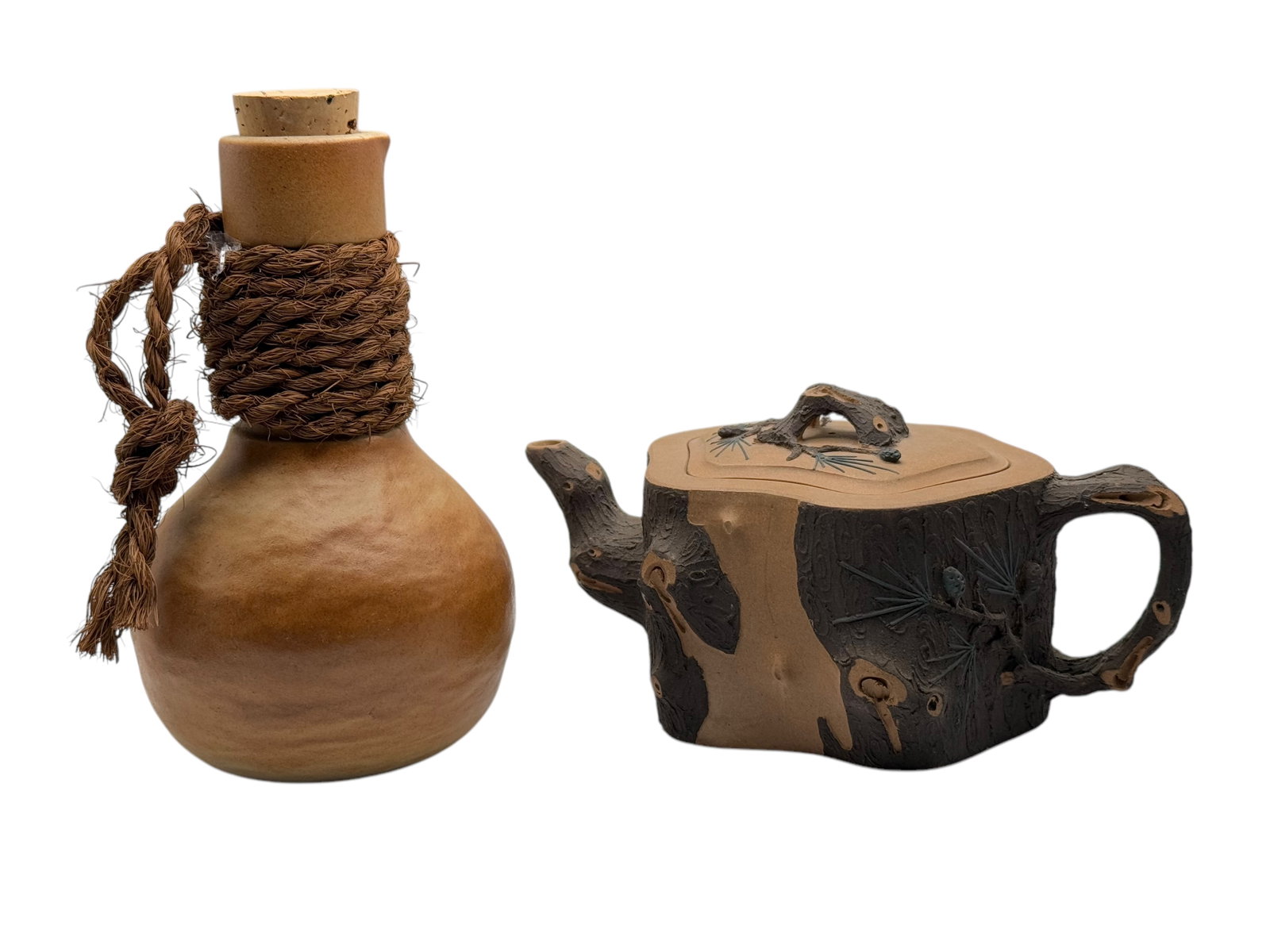 Chinese Purple Clay Tea Pot and Wood Wine Bottle: The Wine Bottle: H : 7 in ( 17.78 cm ) W : 3 1/2 in ( 8.89 cm ) The Tea Pot :H : 3 1/2 in ( 8.89 cm ) W : 7 in ( 17.78 cm )
