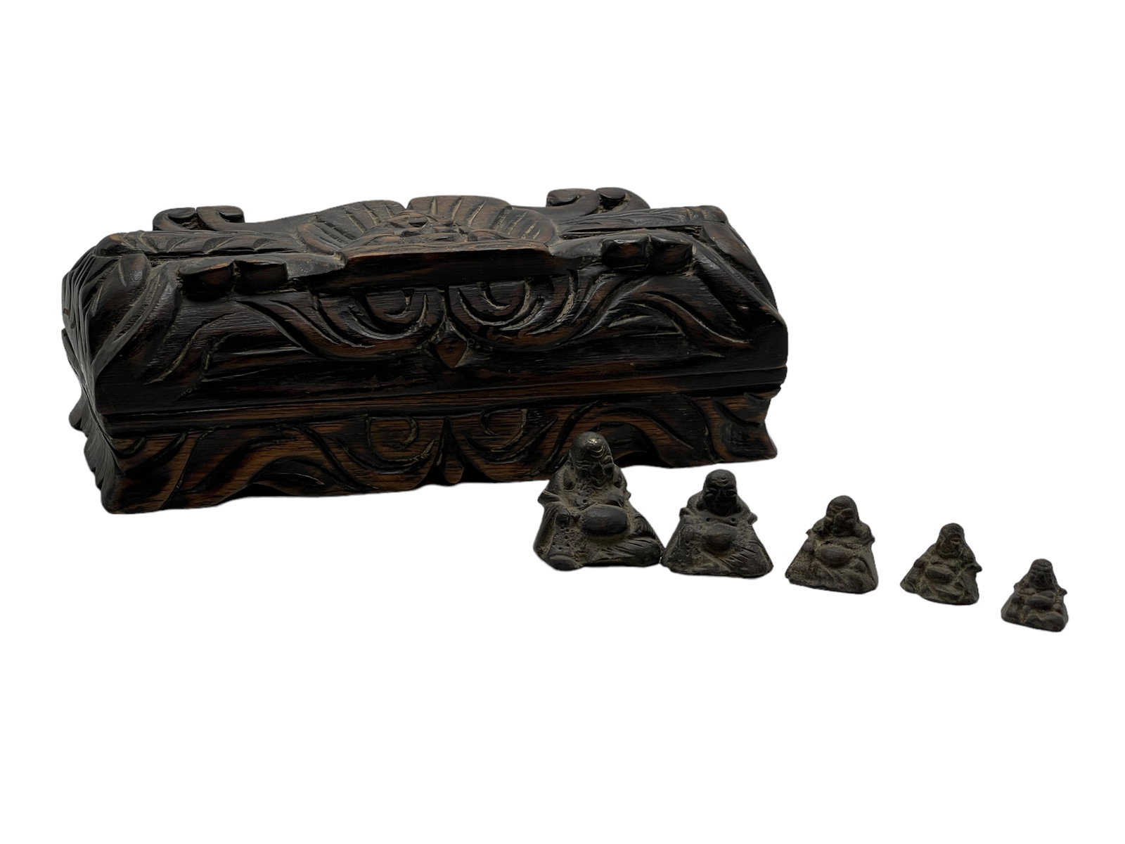 Five Bronze Buddha with original wood box: H : 3 1/8 in ( 7.94 cm ) W ; 8 3/4 in ( 22.23 cm ) L : 3 3/4 in ( 9.53 cm )