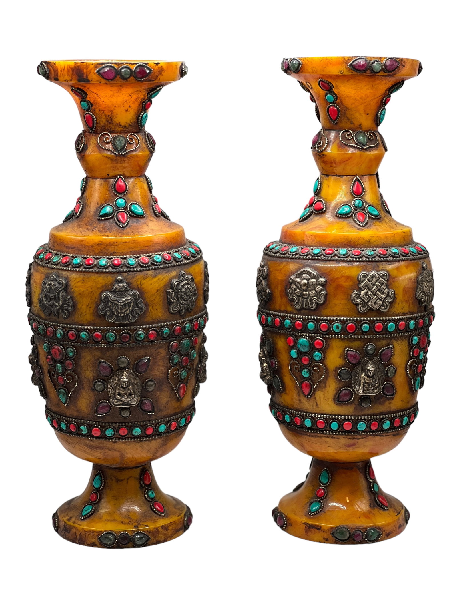 Pair Tibetan Buddhism Symbol Inlay Vases: H : 12 in ( 30.48 cm ) W : 5 7/8 in ( 14.92 cm )