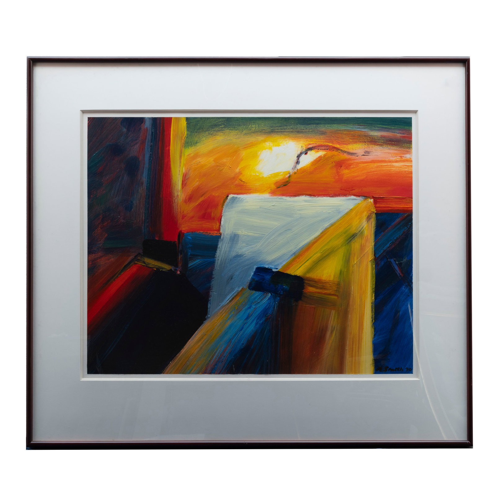 Framed Abstract Expressionist Sunset Painting with: Framed Abstract Expressionist Sunset Painting with Bold Brushstroke H: 45 1/4 inches W:53 1/4 inches