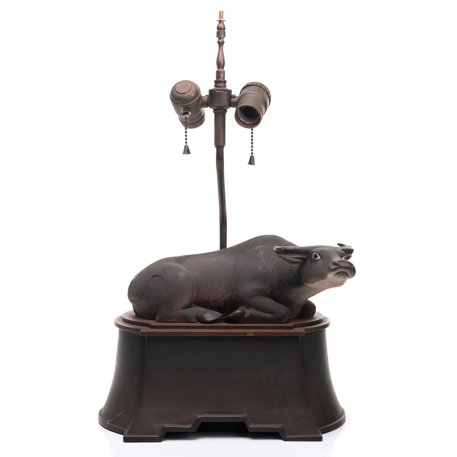 A Chinese Purple Clay Ox Lamp Base Sculpture: The Ox with Standf Size, H: 9 inches W: 11 inches