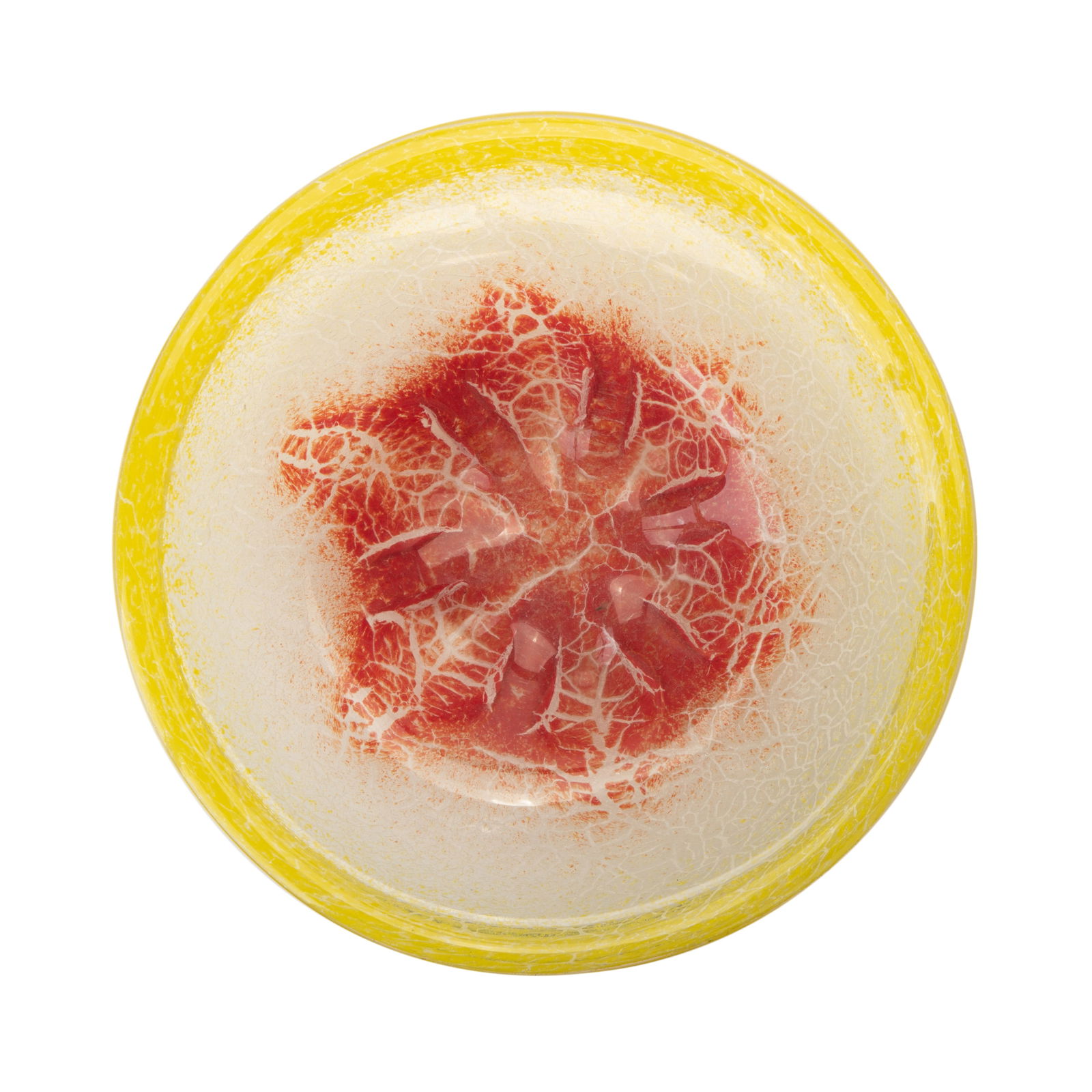 YELLOW AND RED GLASS CHARGER: H : 1 3/8 in ( 3.49 cm ) W : 4 1/2 in ( 11.43 cm )