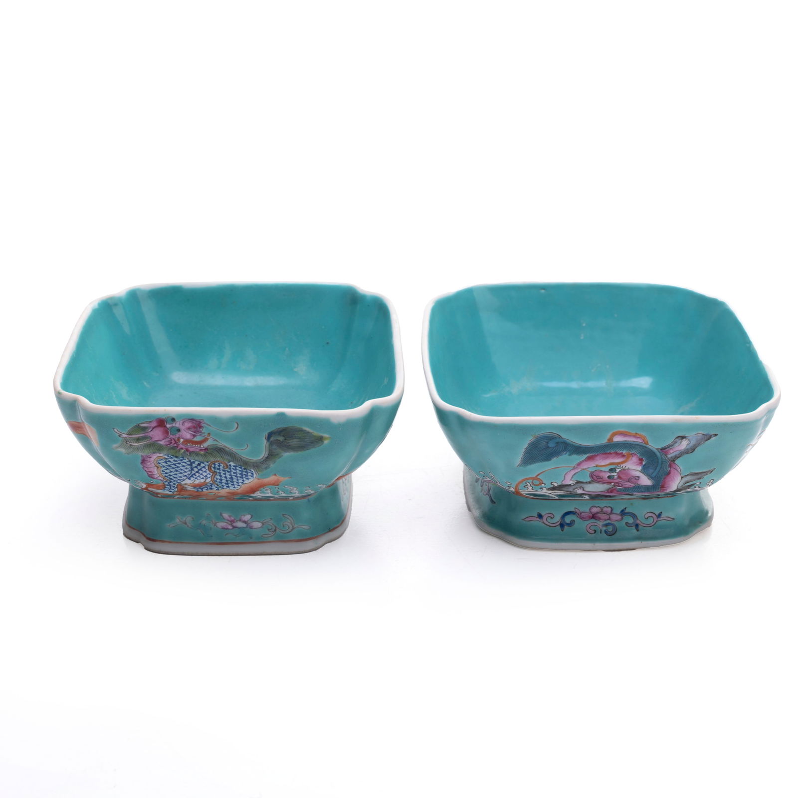 Pair of Chinese Turquoise Ground Square Porcelain: H: 3 inches W: 3 inches