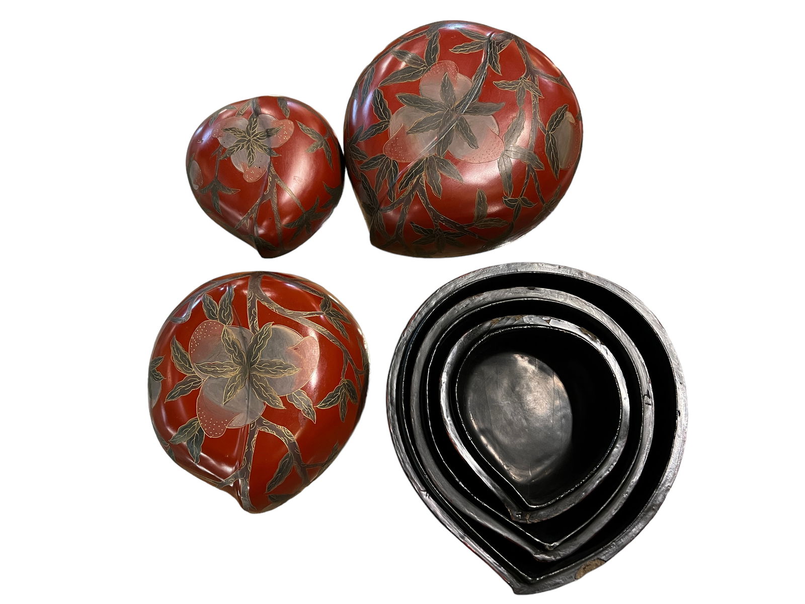Chinese Red Lacquer Peach-shaped Boxes (1 of 4)