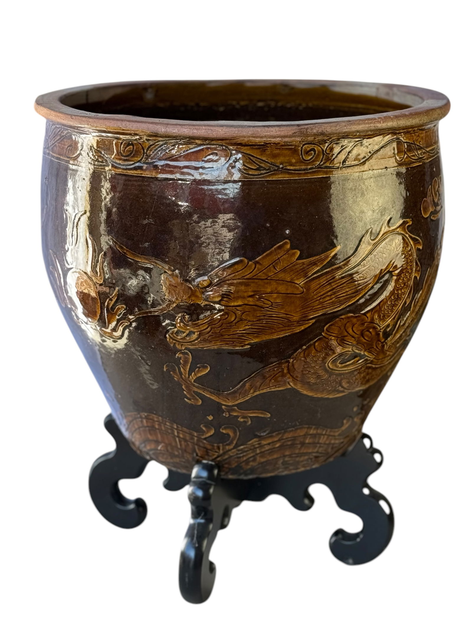 A Large Brown Glazed Pot With Stand (1 of 2)