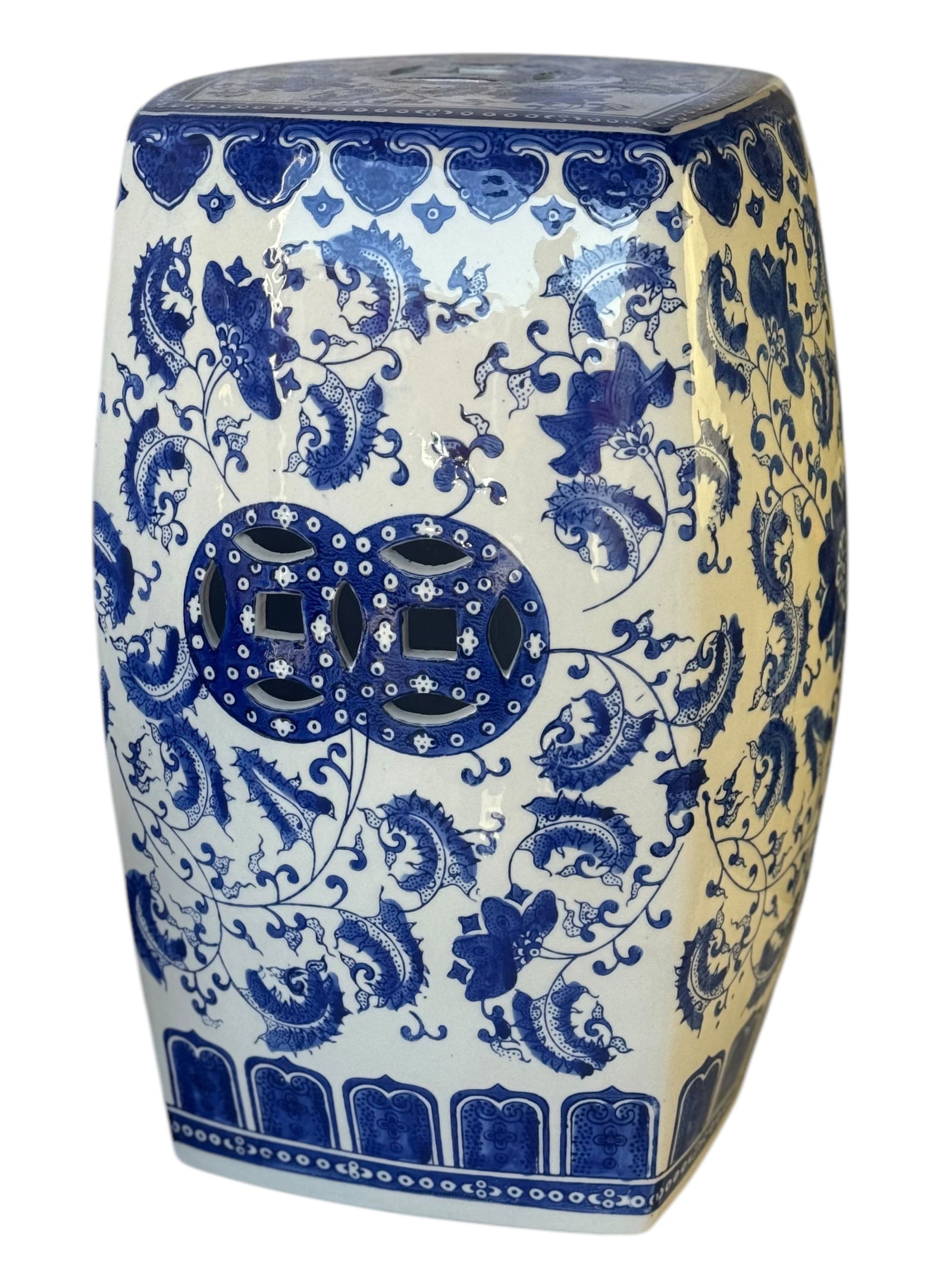 A Blue and White Porcelain Stool: H : 18 1/2 in ( 46.99 cm ) W : 11 1/2 in ( 29.21 cm )