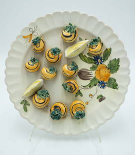 Hand-Painted Ceramic Plate with Miniature Snail an: Hand-Painted Ceramic Plate with Miniature Snail and Lemon Garnish Decorations