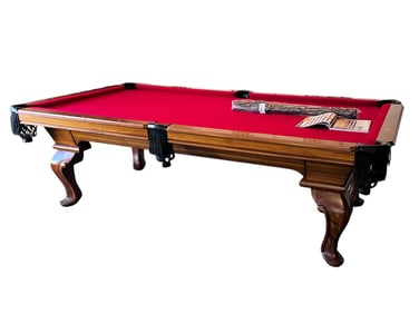 Classic Cherry Wood Pool Table with Red Felt & Que