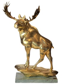 Gilt Copper Moose Sculpture on Marble Base, Marks