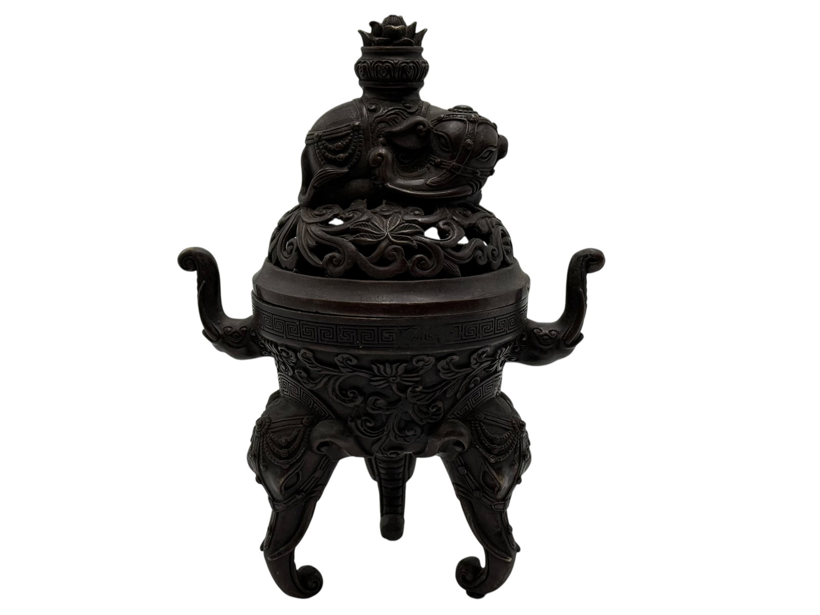 Bronze Tripod Censer with Lion Finial and Taotie M: Bronze Tripod Censer with Lion Finial and Taotie Mask H: 9 1/2 inches W: 7 inches