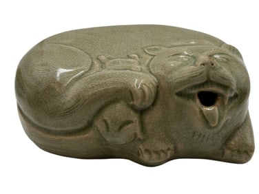 Celadon Glazed Ceramic Pillow in the Form Cat