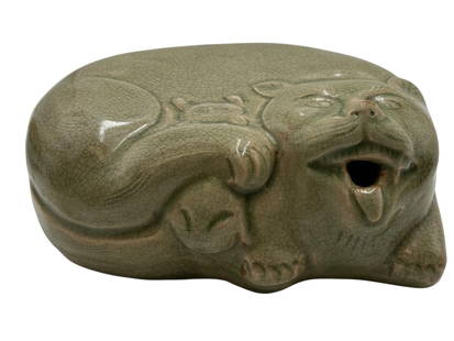 Celadon Glazed Ceramic Pillow in the Form Cat: H: 3 1/2 inches L: 7 1/2 inches W: 5 1/2 inches