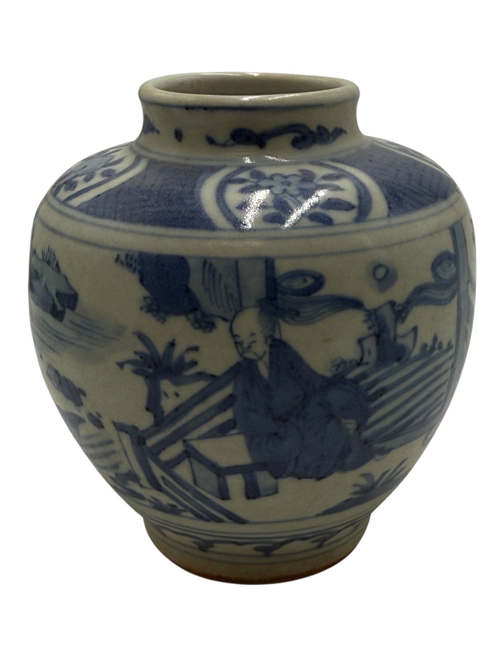 Blue and White Porcelain Jar with Scholar and Pavi: Blue and White Porcelain Jar with Scholar and Pavilion Scene H: 4 1/4 inches W: 4 inches