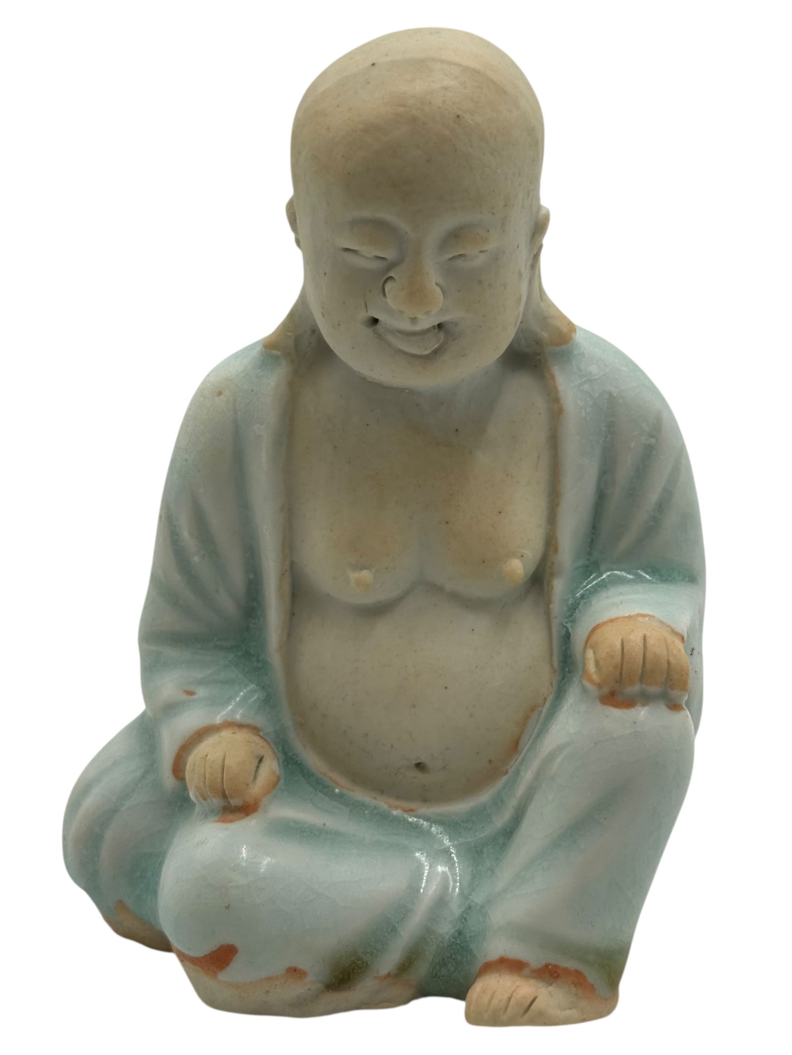 Glazed Ceramic Figure of a Seated Laughing Buddha: H: 4 1/2 inches W: 3 1/2 inches D: 2 7/8 inches