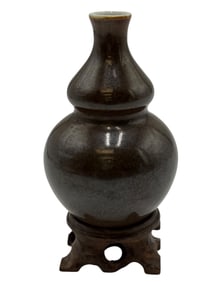 Dark Glazed Double-Gourd Vase with Wooden Stand
