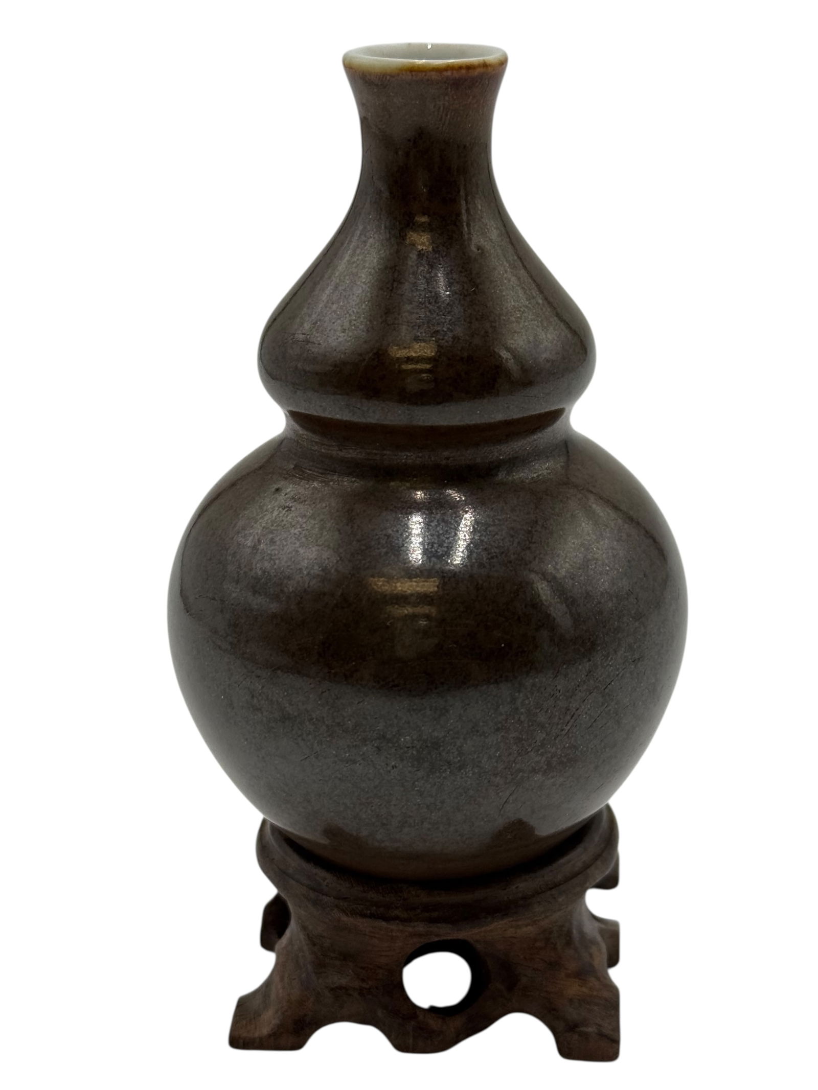 Dark Glazed Double-Gourd Vase with Wooden Stand (1 of 4)