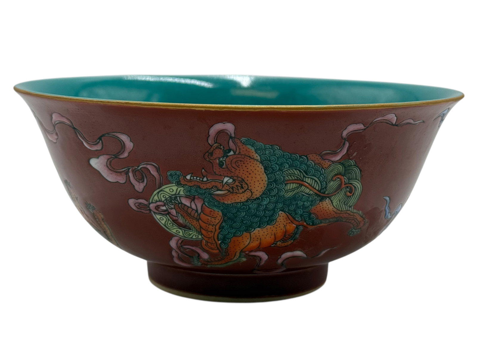 Bowl with Iron-Red Exterior and Turquoise-Glazed: A Porcelain Bowl with Iron-Red Exterior and Turquoise-Glazed Interior, Painted with Buddhist Lion and Ribbons H: 2 3/4 inches W: 6 1/8 inches