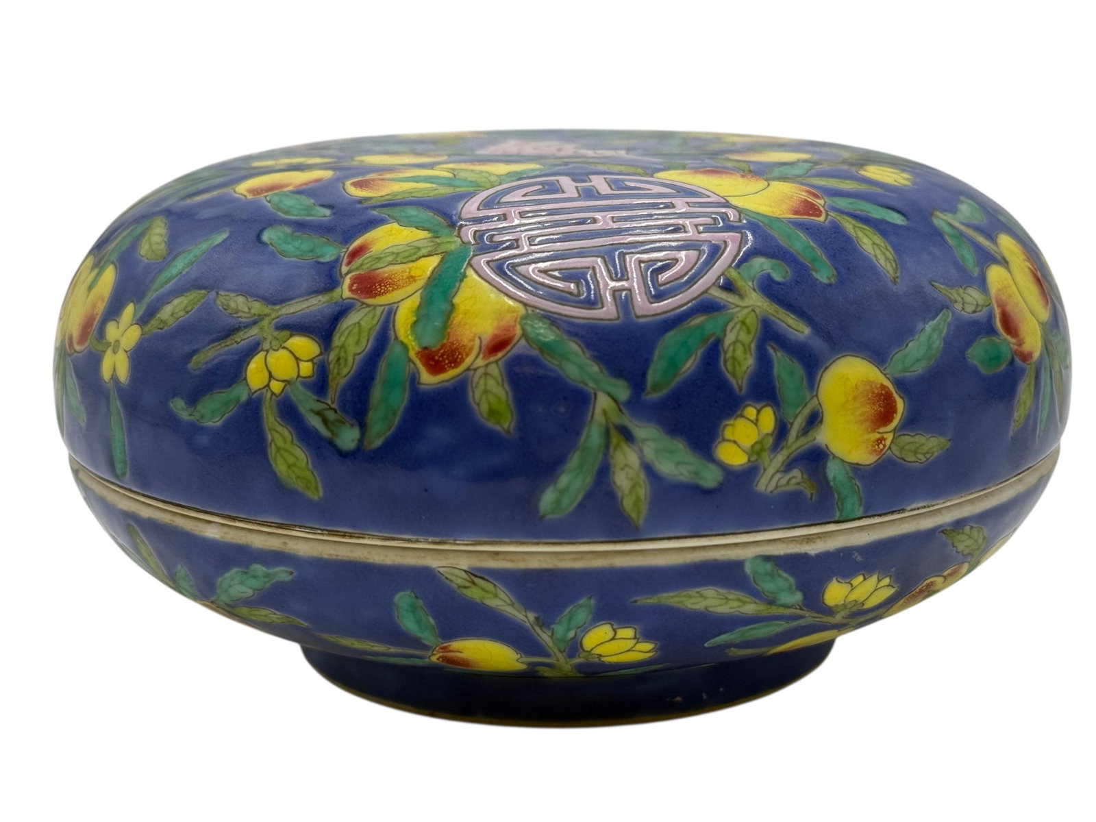 Blue Ground Box with Longevity Symbol and Floral D: H: 2 1/2 inches D: 5 1/4 inches