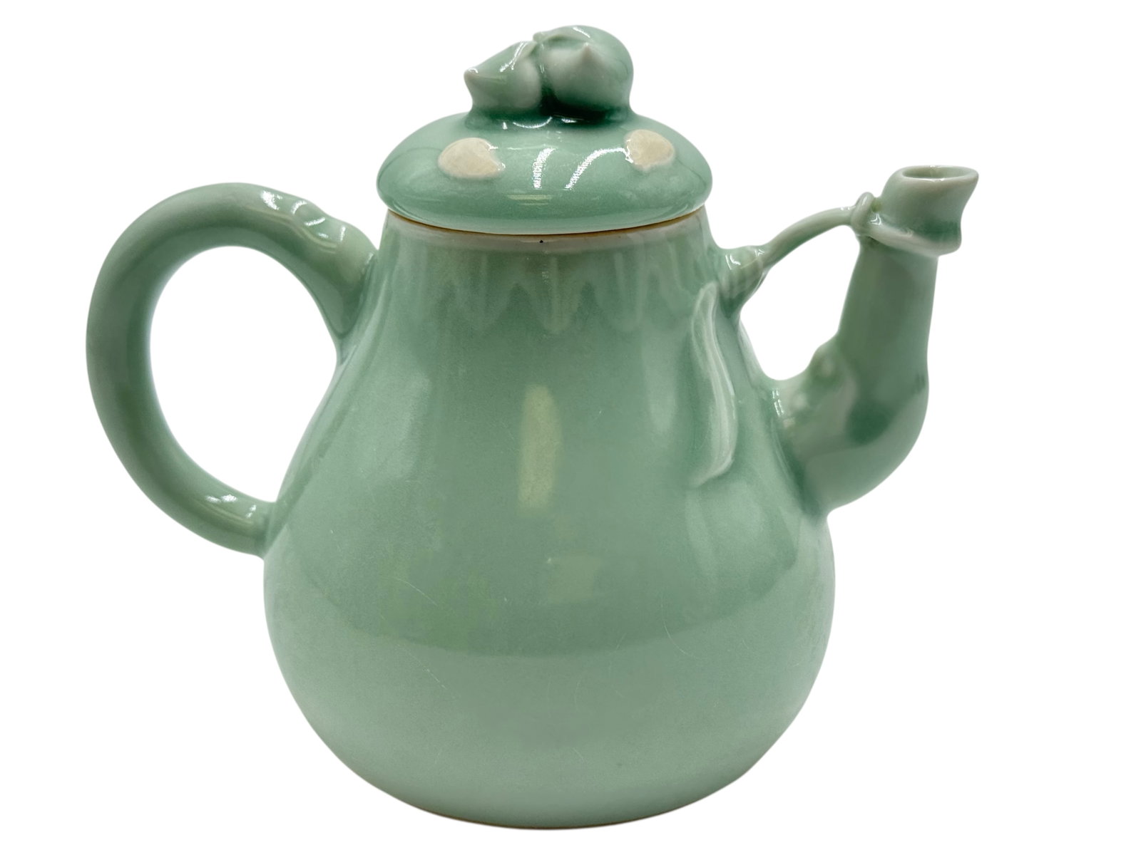 Celadon-Glazed Teapot with Fruit-Form Finial: H: 4 1/2 inches W: 5 3/4 inches