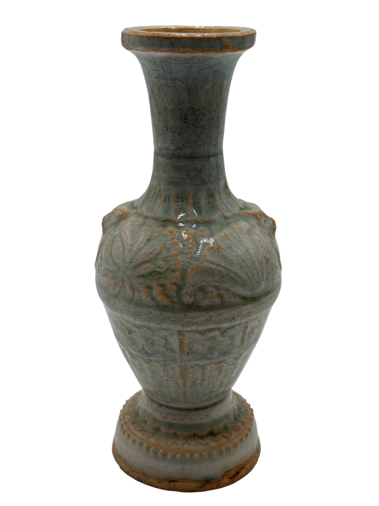 A Celadon-Glazed Vase with Molded Lotus Vase: H: 7 3/8 inches W: 3 1/4 inchces