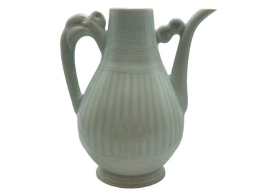 Celadon-Glazed Ewer with Molded Vertical Flutes an