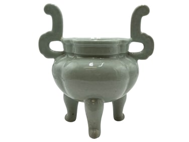 Celadon-Glazed Tripod Censer with Upright Loop Han