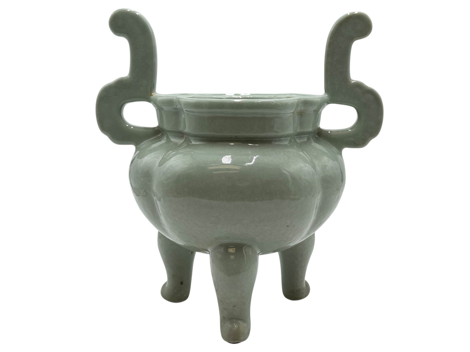 Celadon-Glazed Tripod Censer with Upright Loop Han: H: 11 inches W: 10 1/4 inches