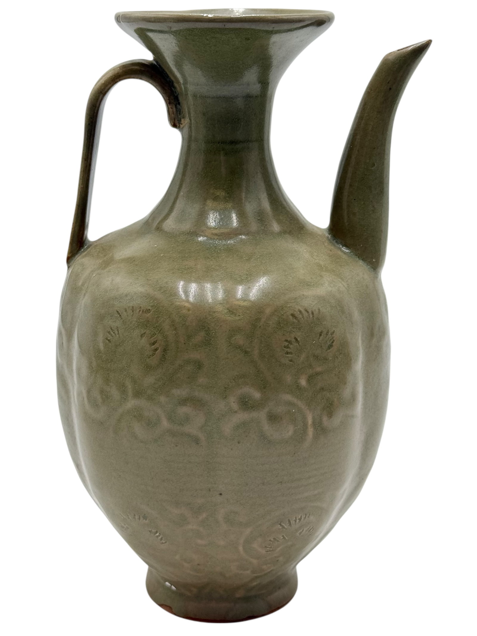 Yaozhou Celadon Ewer with Floral: H: 7 7/8 inches W: 4 3/4 inches