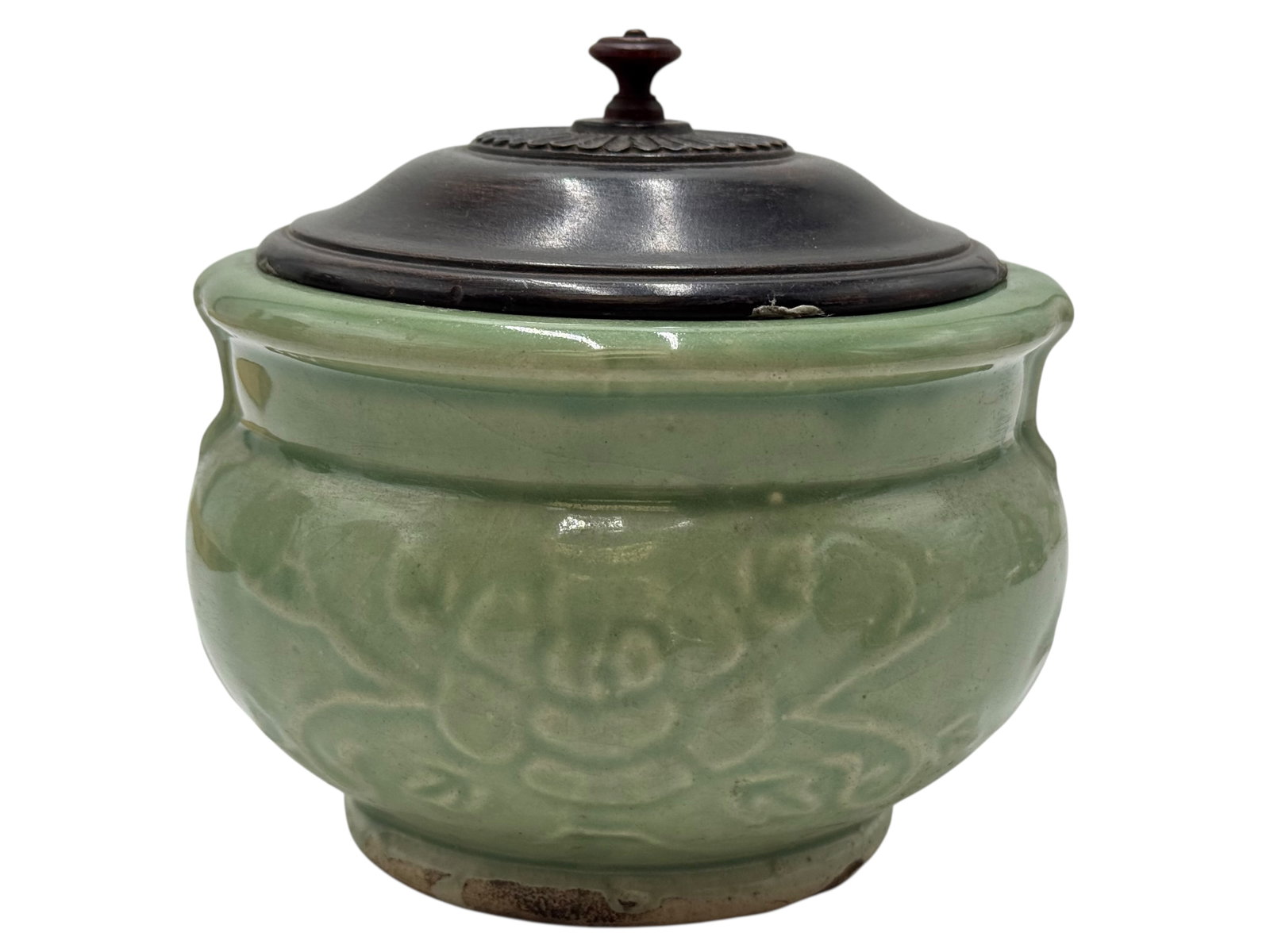 Longquan Celadon Censer with Wooden Cover: H: 5 inches W: 5 1/2 inches