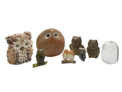 Group of Owl Sculptures, Crystal, Bronze, Shell: Group of Owl Sculptures, Crystal, Bronze, Shell H : 3 1/2 in ( 8.89 cm ) W : 3 1/2 in ( 8.89 cm )