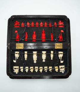 Chinese Export Carved Bone Chess Set in Folding Wo: Chinese Export Carved Bone Chess Set in Folding Wood Box – Red and White Pieces