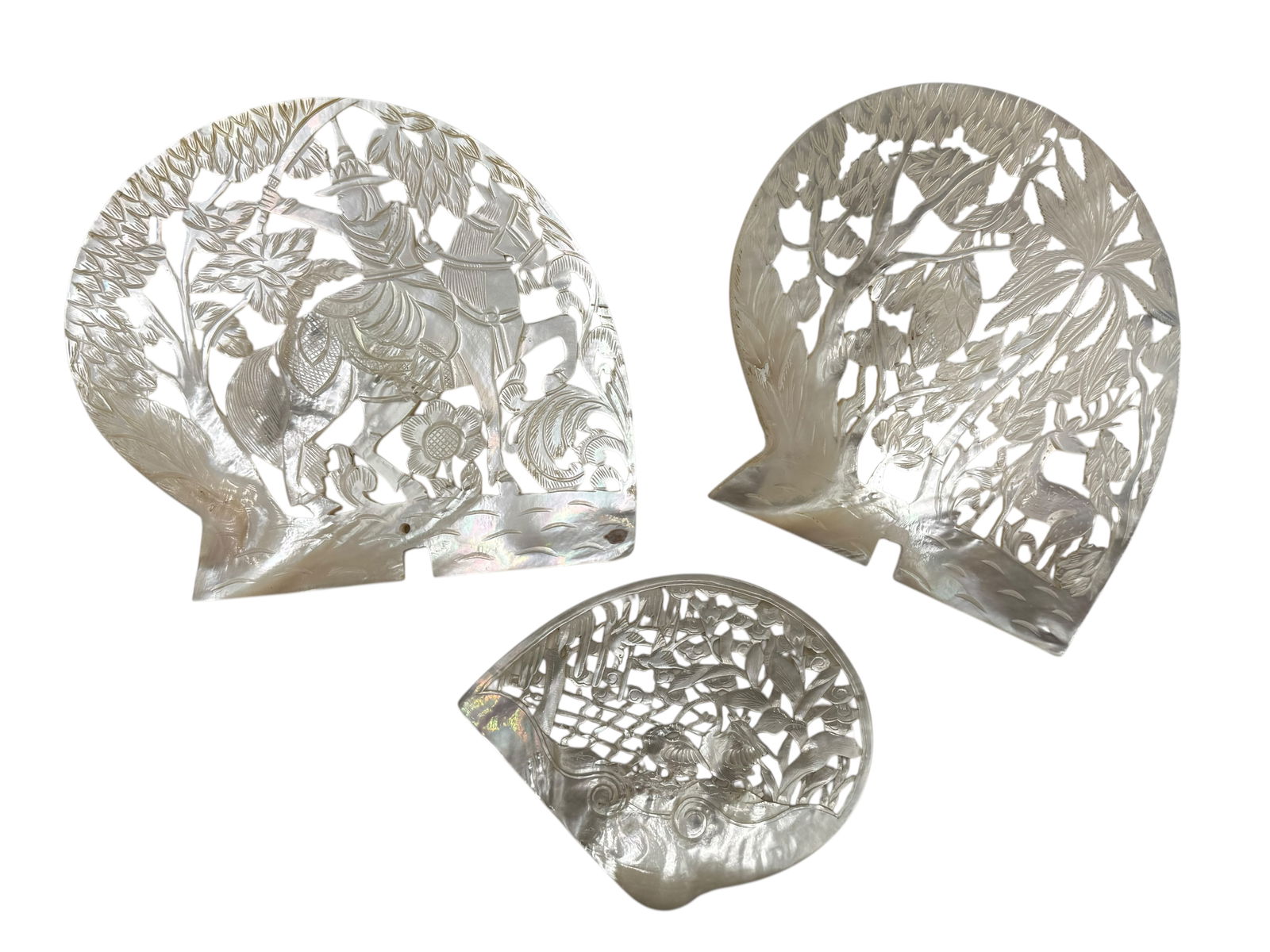 Set of 3 Shell Panels with Hunting Scene: The Largest: H: 7 1/2 inches W: 9 inches