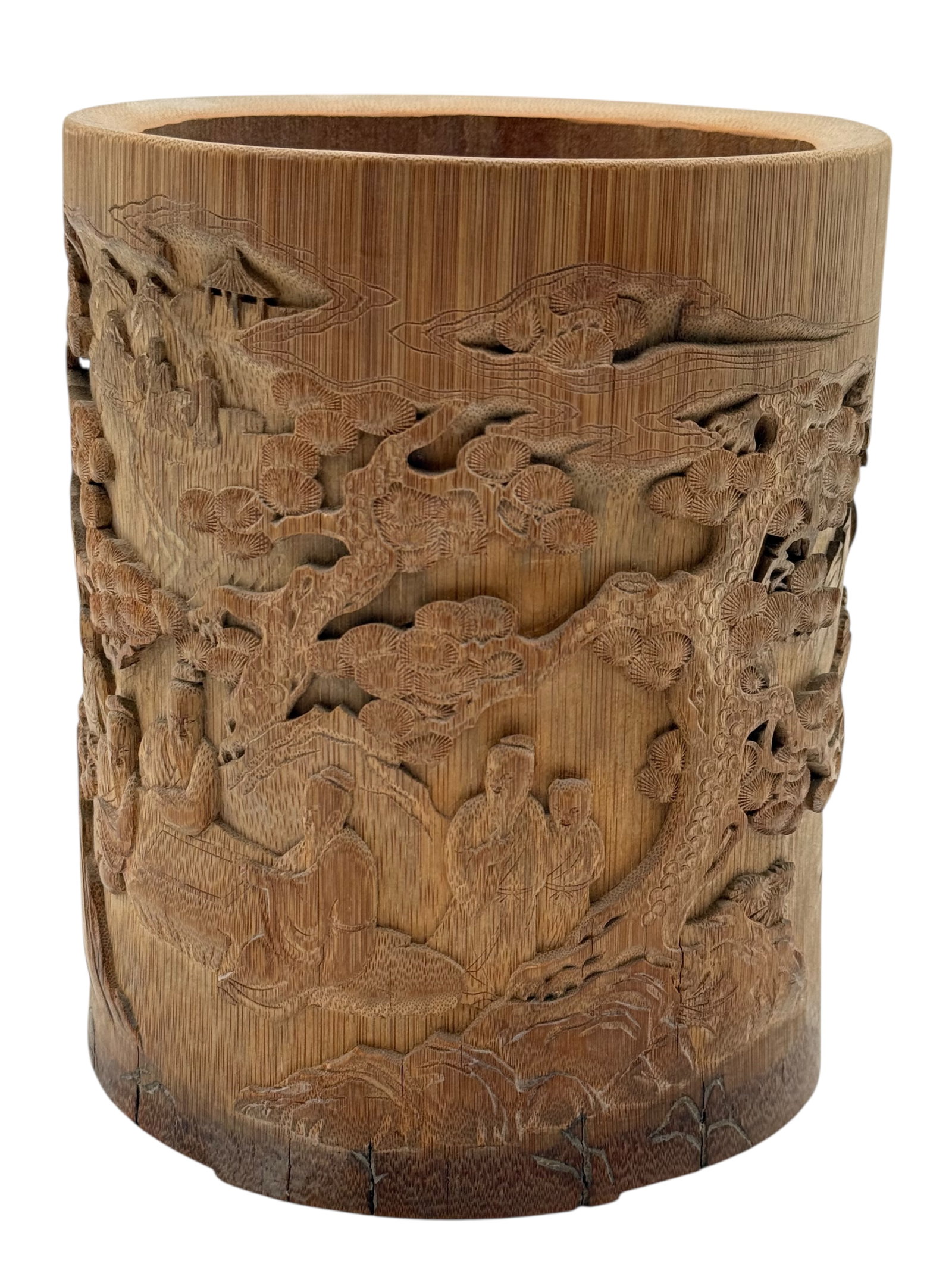 Chinese Bamboo Carved Brush Pot: H: 7 inches D: 5 1/2 inches