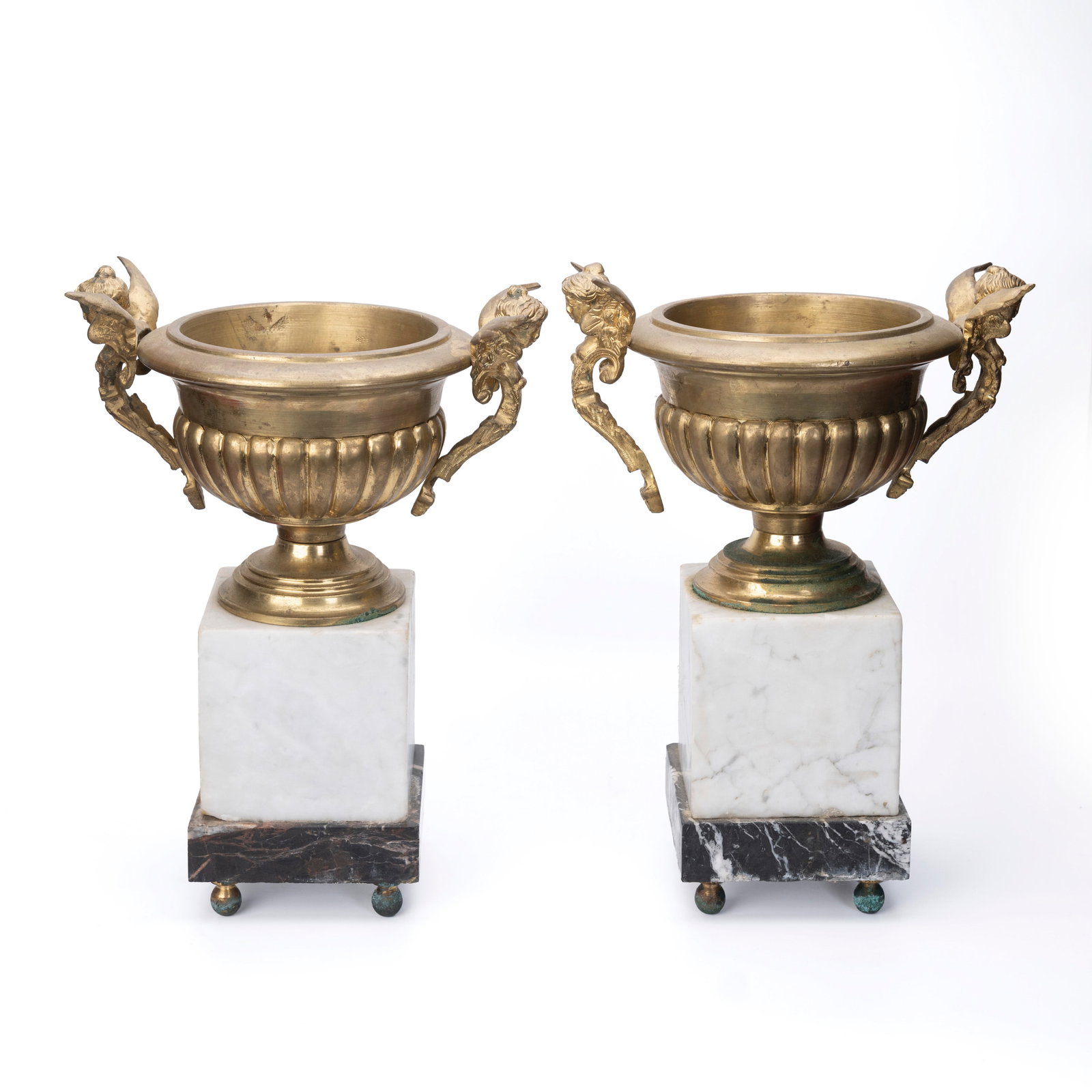 Pair French Empire Bronze Urns on Marble Pedestals (1 of 7)