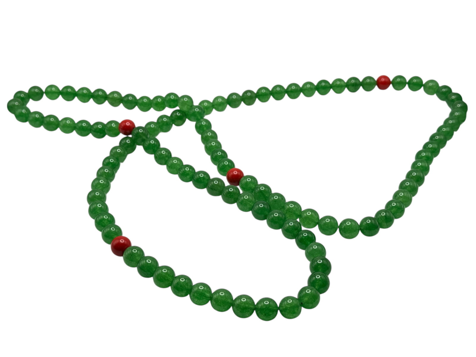 29 Inch Green Stone Bead Necklace with Red Beads: 29 Inch Green Stone Bead Necklace with Red Beads 29 inches