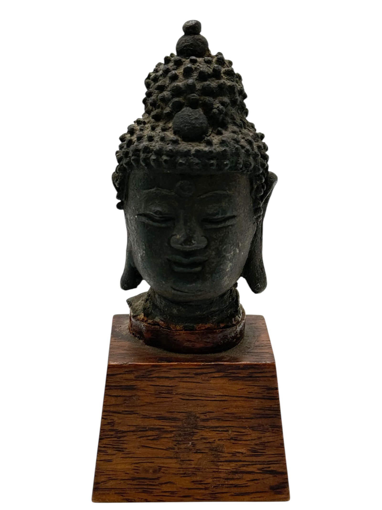 Cast Metal Buddha Head on Wooden Plinth (1 of 5)