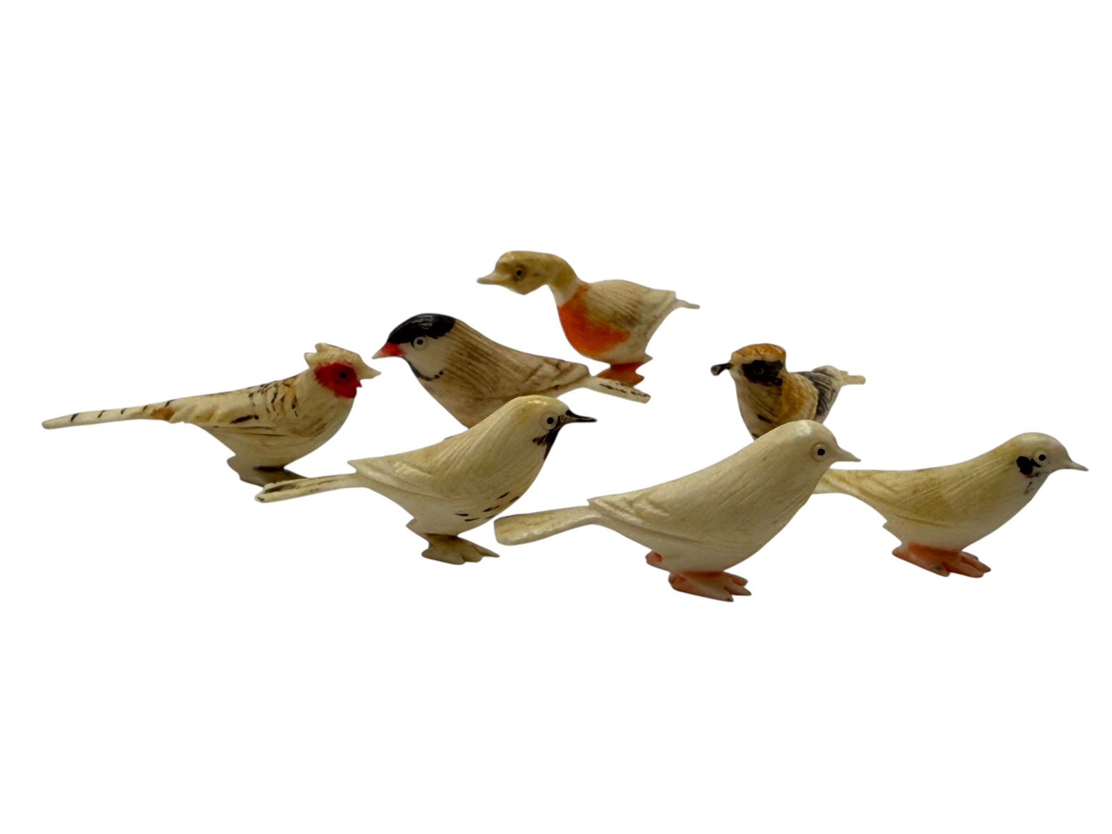 Group of 7 Carved Bone Bird Figurines: Average Size: H : 3/4 inches