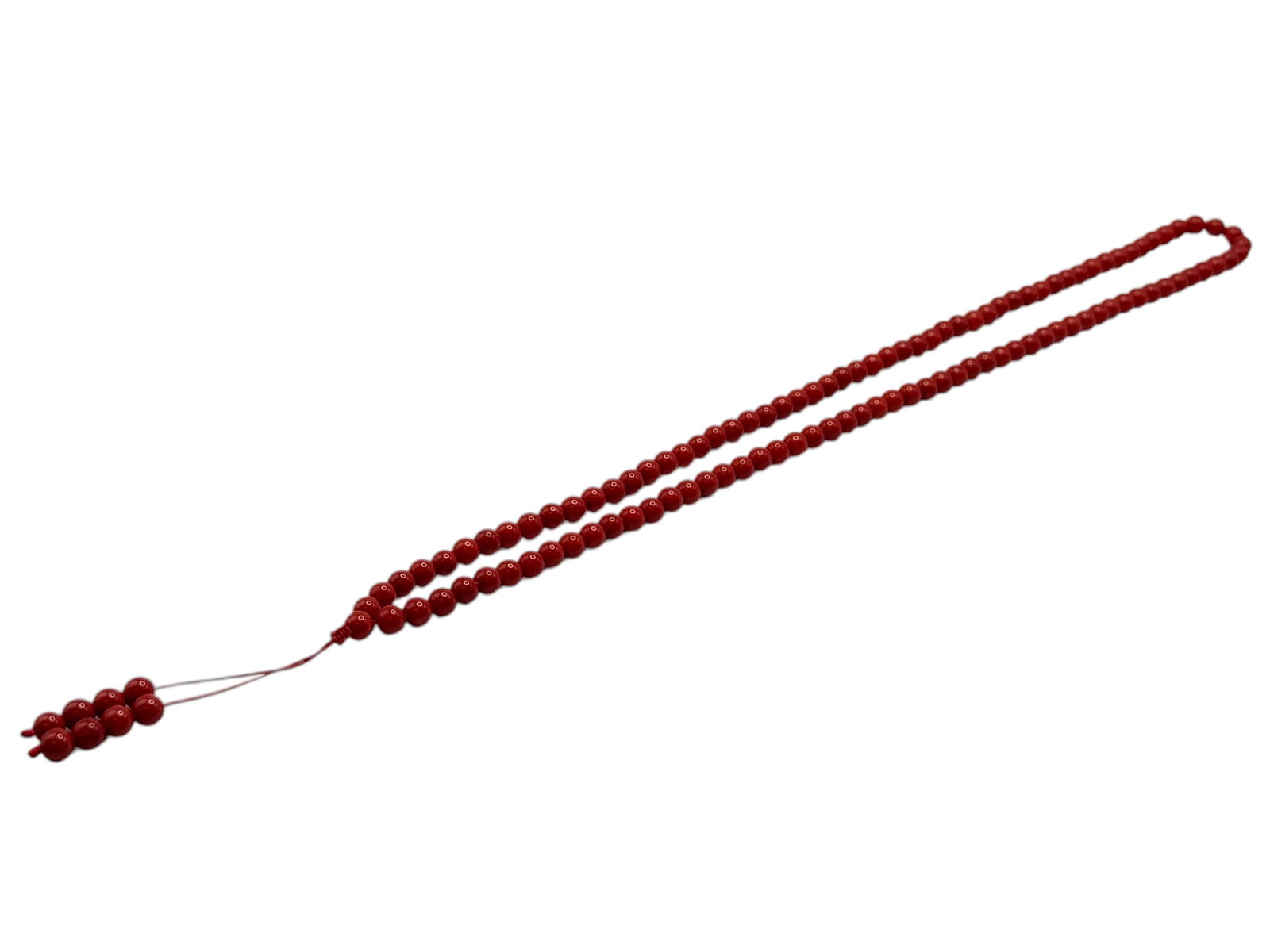 A Long String of Red Prayer Beads: L: 16 inches