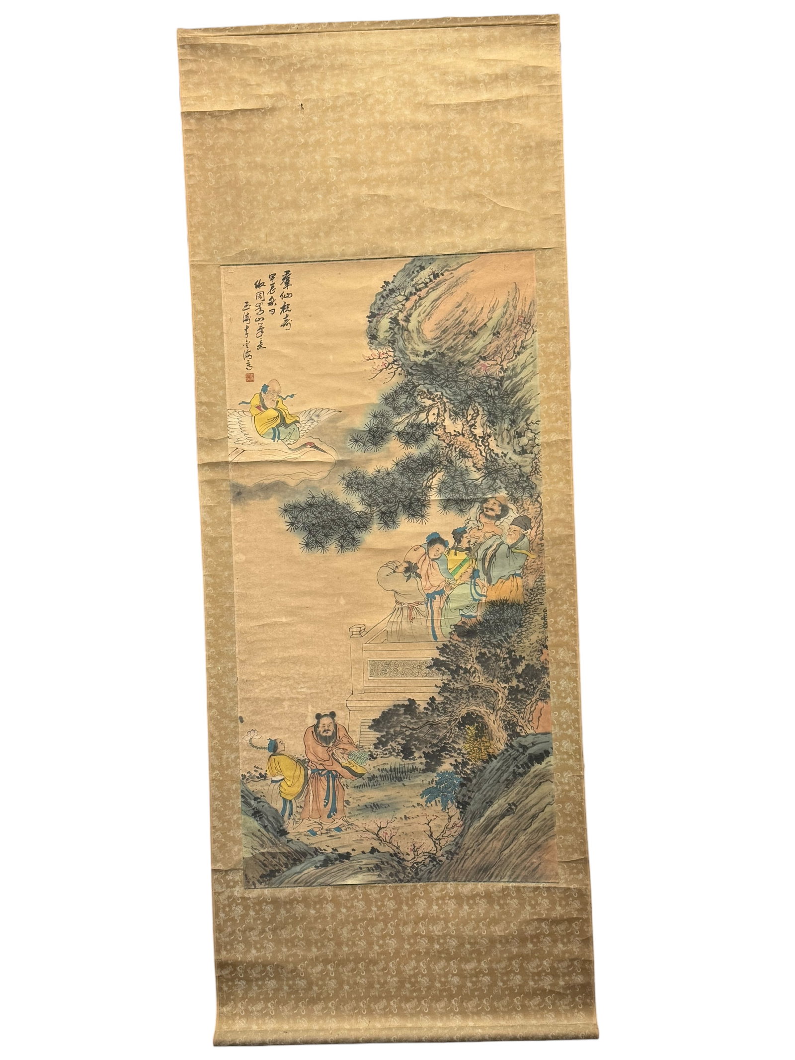 A Chinese Figure and Landscape Painting Hanging Sc: Ink and color on paper, illustrating figures within a mountainous landscape, with inscription and seals, mounted as a hanging scroll. Frame: 76 inches 281/2 inches