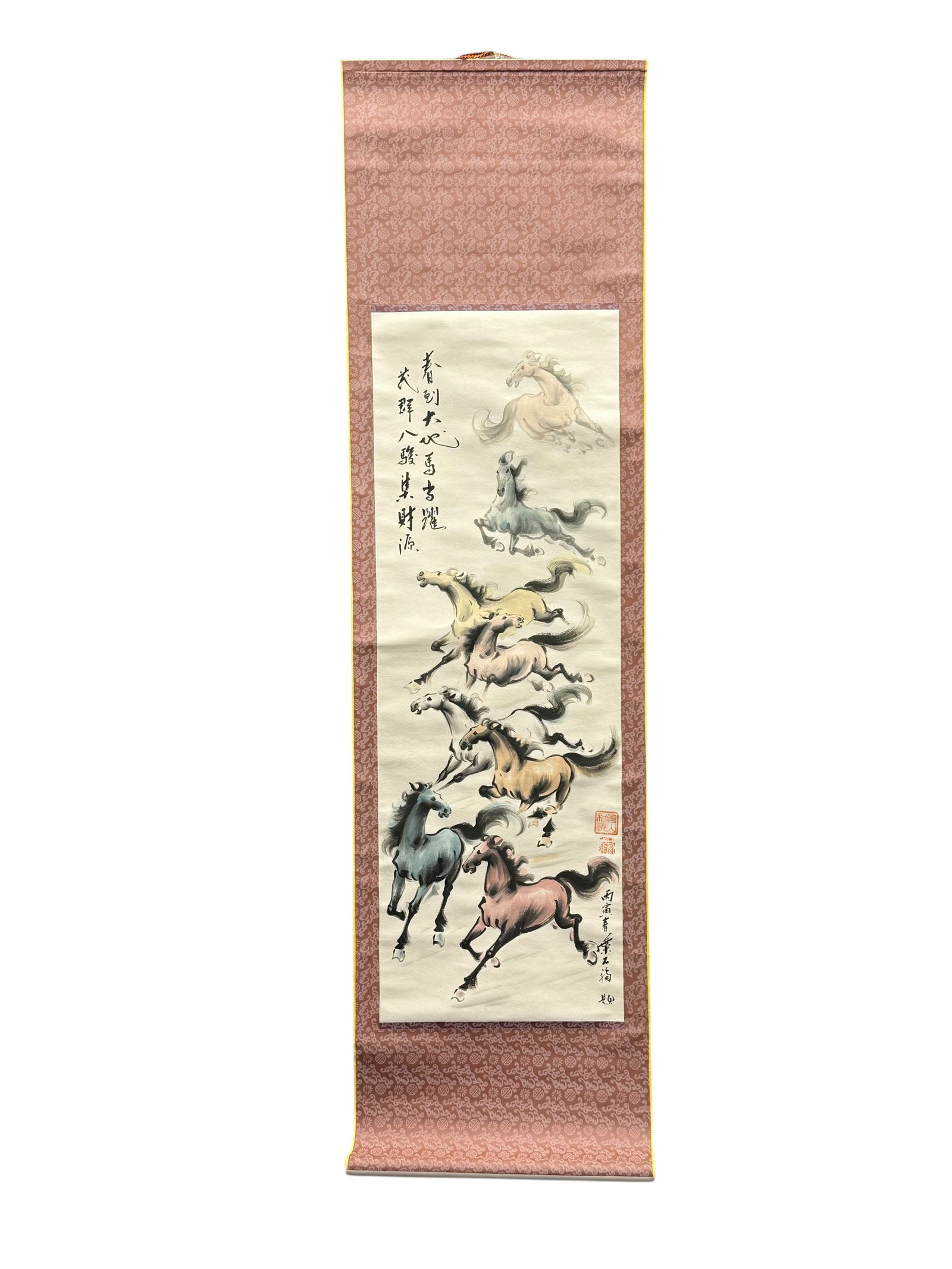 A Chinese Horse Painting Hanging Scroll: Ink on paper portraying bamboo stalks and leaves, with artist seals, mounted as a hanging scroll. Frame: 55 inches 15 inches Painting: 35 inches 12 inches