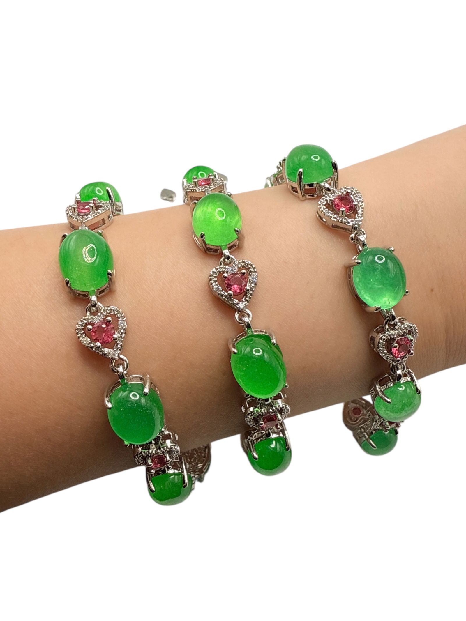 3 Green Stone & Pink Heart Charm Bracelets: 3 Green Stone & Pink Heart Charm Bracelets