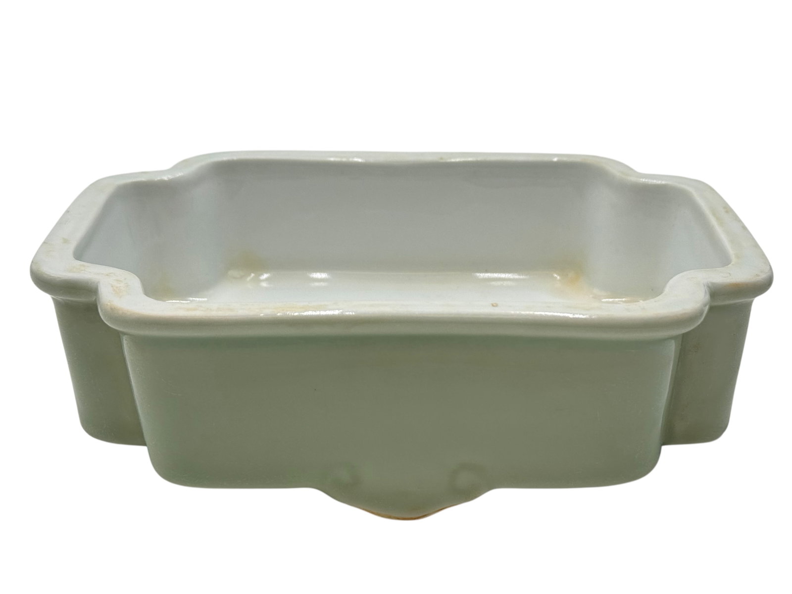 Chinese Celadon Narcissus Bowl, Qianlong Marks: H: 2 1/4 inches L: 7 1/4 inches D: 5 1/4 inches