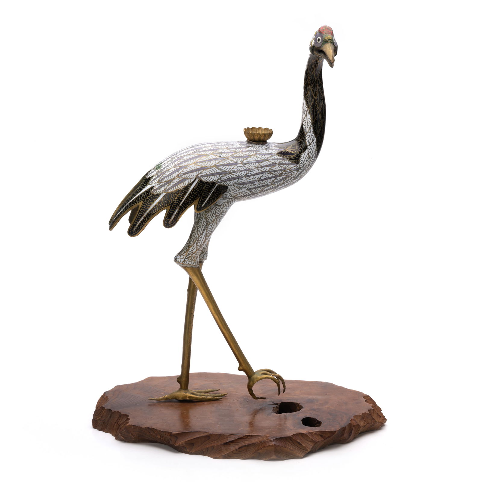 A Chinese Cloisonné Enamel Bronze Crane: H: 14 1/2 in.( 36.83 cm) W: 4 in. ( 10.16 cm )