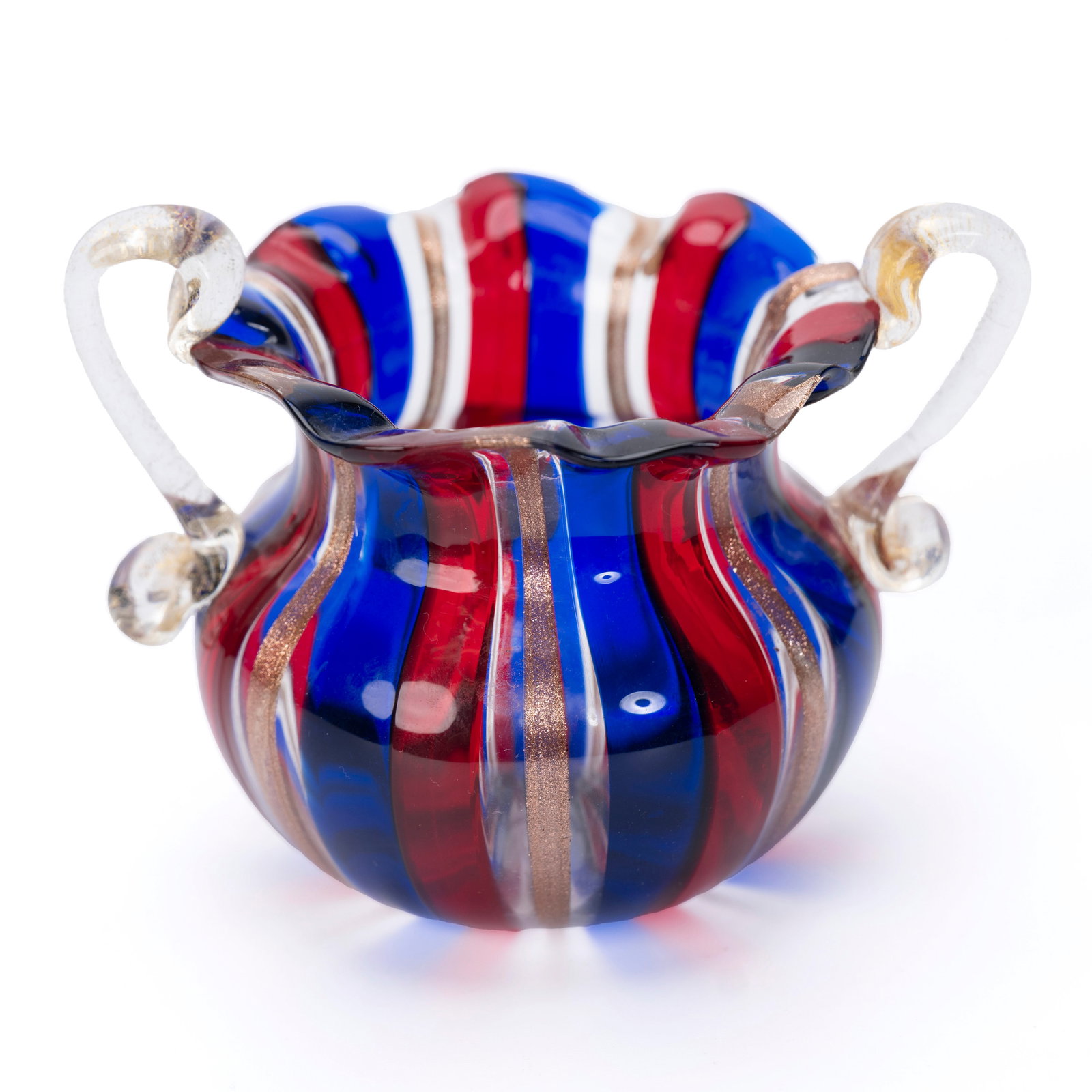 Murano Hand-Blown Glass Vase, Red-Blue Stripes wit: Murano Hand-Blown Glass Vase, Red-Blue Stripes with Gold Ribbon Trim, Italian Craft H: 3 1/2 inches W: 4 1/4 inches