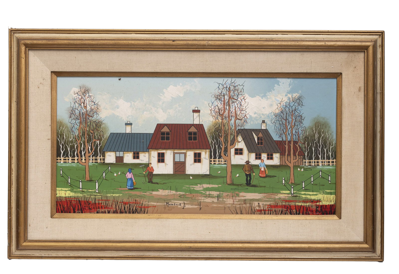 Framed Folk Art Village Scene Painting on Board Si: Framed Folk Art Village Scene Painting on Board Signed "Michelle" H: 19 inches W: 31 1/2 inches