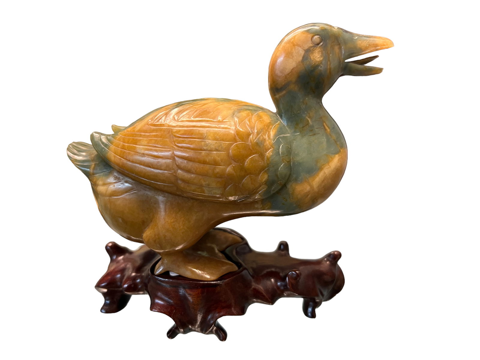 JADE CARVED FIGURE OF DUCK ON WOOD STAND: L: 5 1/2 in. (13.97 cm) (Exclude Base) W: 4 in. (10.16 cm) Base: L: 5 in. (12.7 cm) H: 1 in. (2.54 cm)