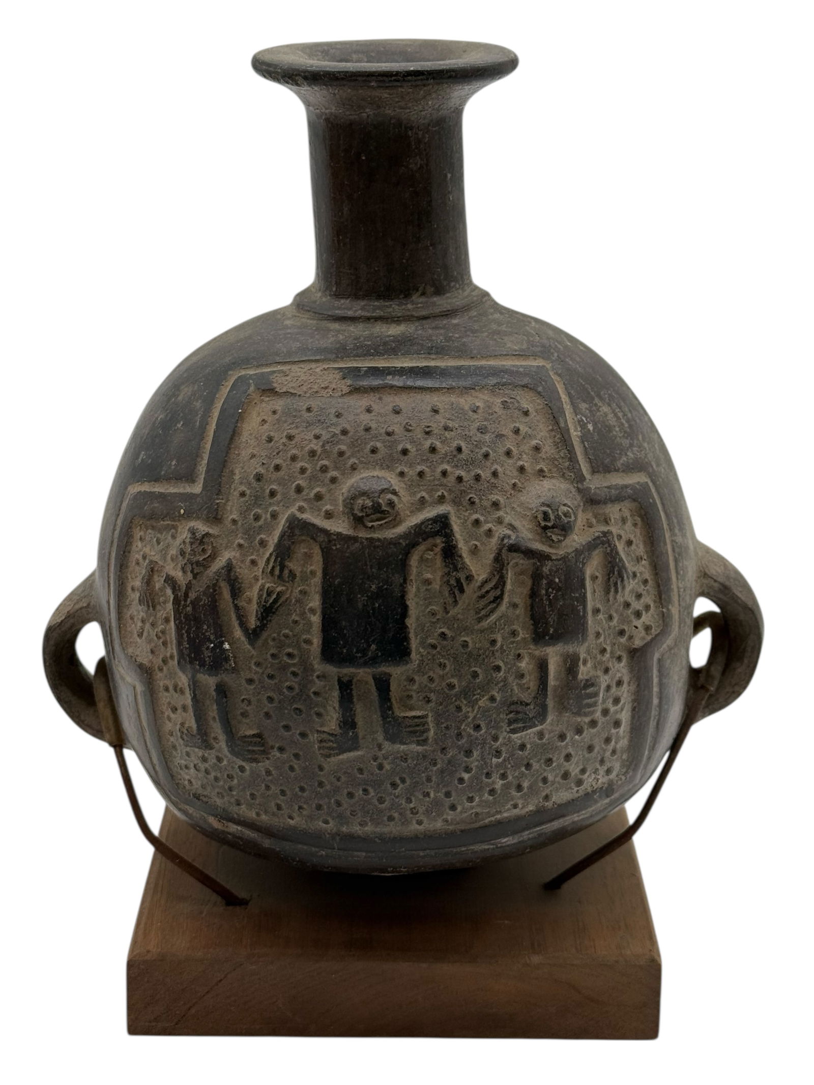 Pre-Colombian Chimu Black-ware: H: 7 1/2 inches W: 7 inches The Size Excluded wood base