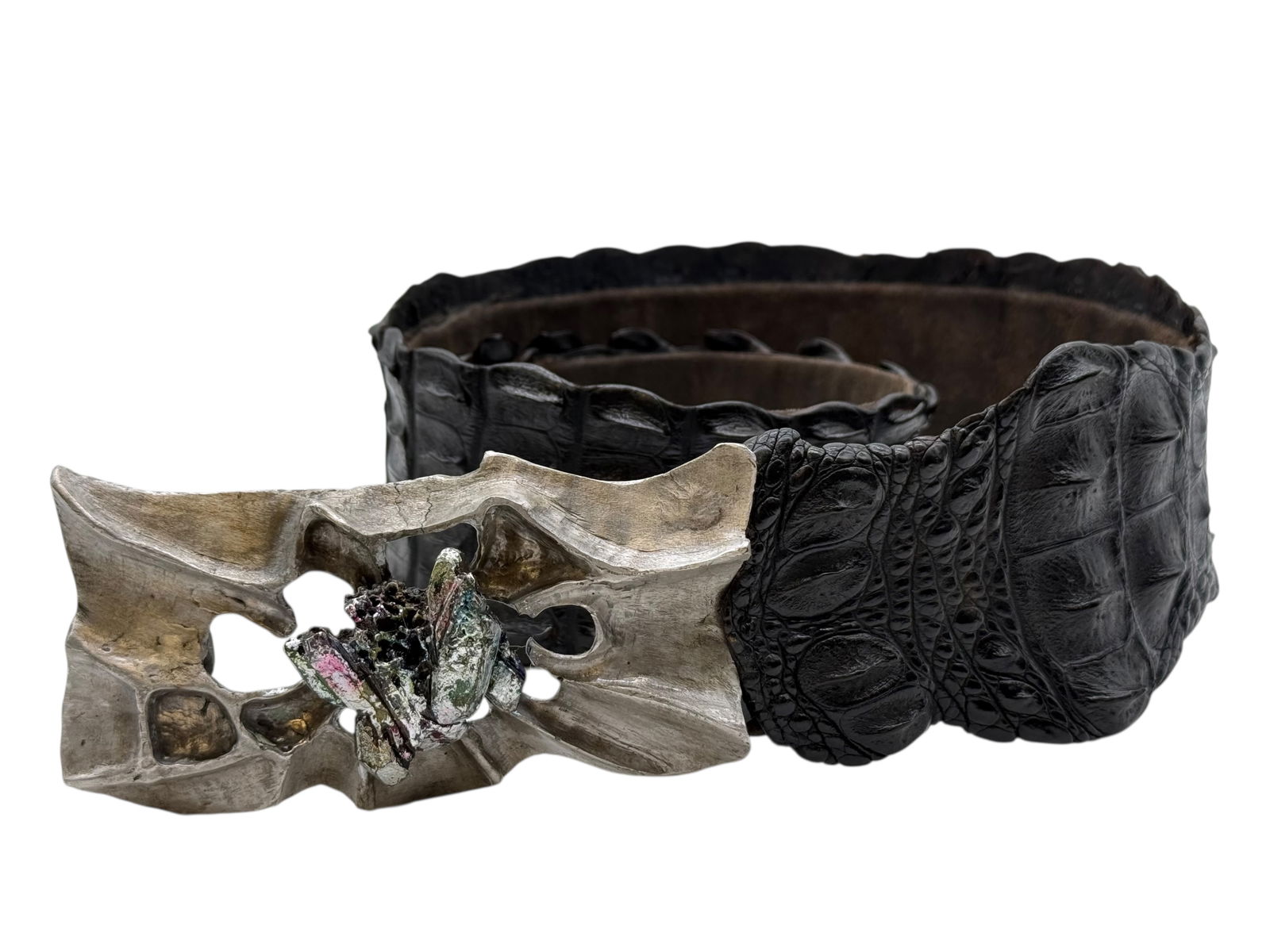 A Leather Belt with Metal and Stone Buckle: L: 39 1/2 inches W: 3 1/4 inches